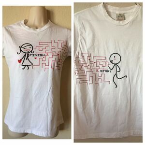 His & Hers Matching Red Heart Maze Start Finish Short Sleeve T Shirts Size M
